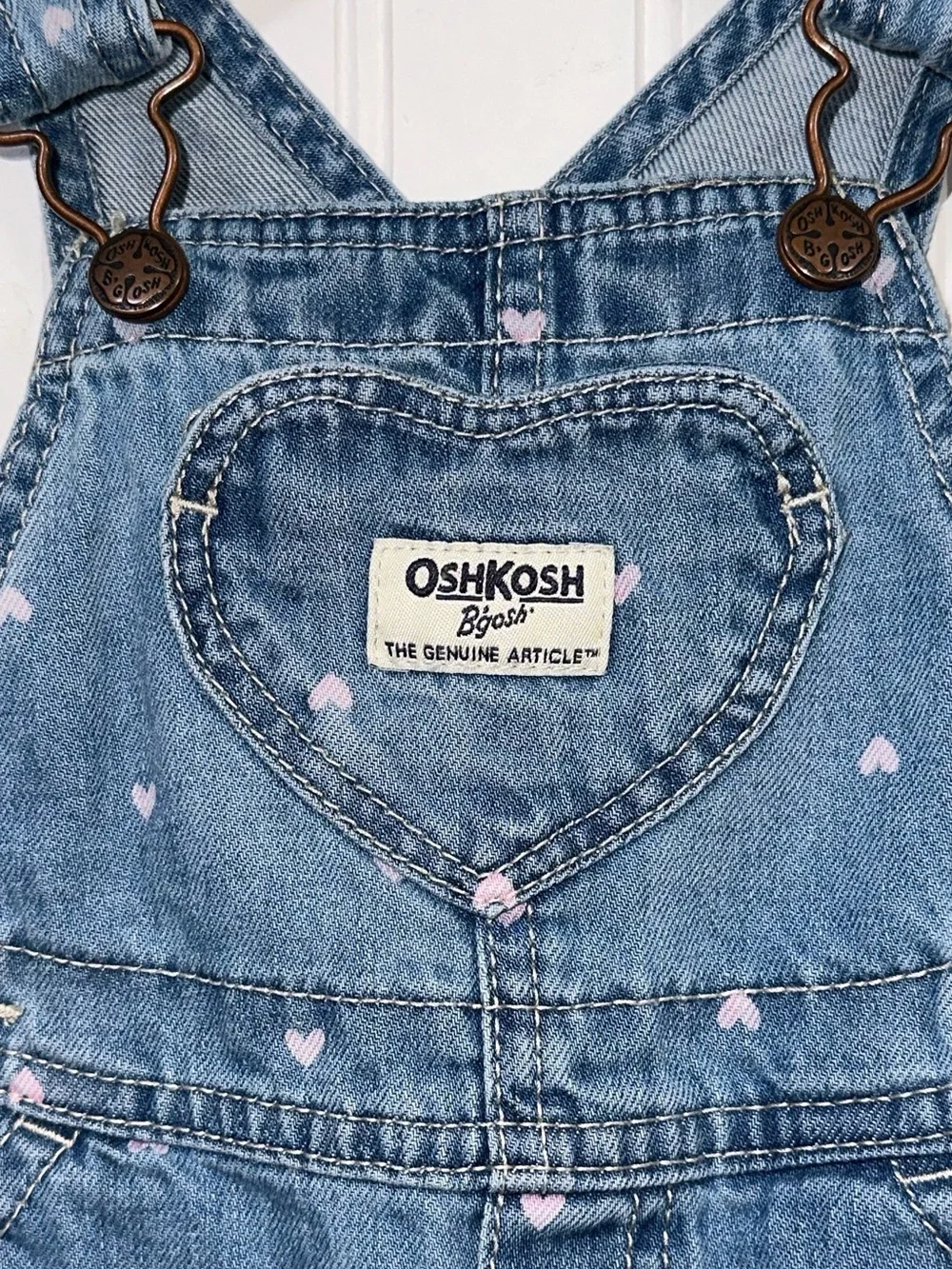 OshKosh 9mo Denim Heart Print Overalls Light Blue with Pink Hearts Heart Pocket